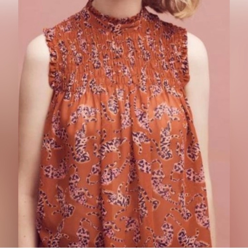 Anthropologie Maeve Darby Cheetah print sleeveless top in orange print. Size 12
